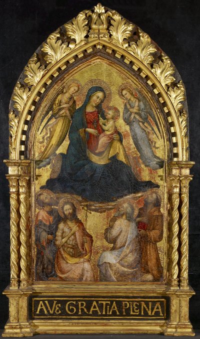 Melekler ve Dört Aziz ile Bakire ve Çocuk, c. 1400-15 (panelde tempera ve altın varak) by Master of the Straus Madonna