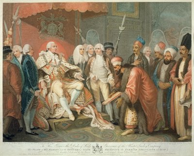 Majesteleri ve Devlet Memurları Türk Büyükelçisini ve Takımını Karşılarken, Daniel Orme (1767-s.1832), yay. Edward Orme, 1797 (nokta gravürü) by Mather Brown