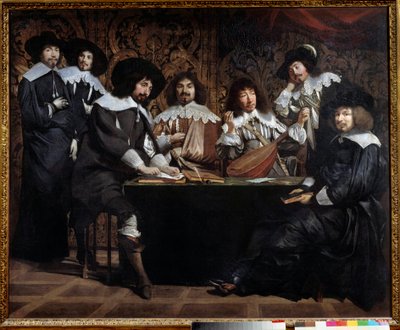 Amatör toplantılar veya akademi Sanatçıların ve aydınların buluşması. Mathieu Le Nain (Lenain) (1607-1677) tarafından yapılan boyama 17. yüzyıl Güneşi. 1,16x1,46 m Paris Louvre Müzesi by Mathieu Le Nain