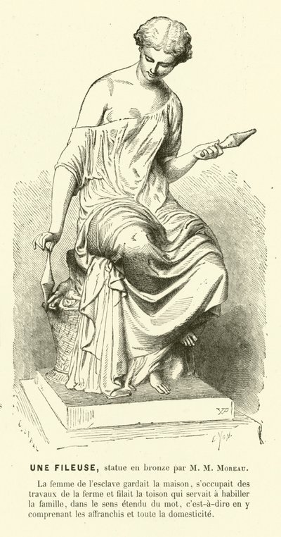 Antik Romalı kadın iplik eğirme (gravür) by Mathurin Moreau