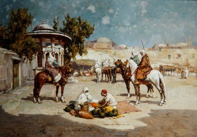 Pazar Meydanında Arap Savaşçıları, c.1910 (panelde yağlı boya) by Matteo Da Angelo Rossotti