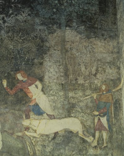 Köpeklerle avlanan erkekler, La Chambre du Cerf Geyik Odası 1347 freskinden dekoratif şema detayı by Matteo Giovanetti