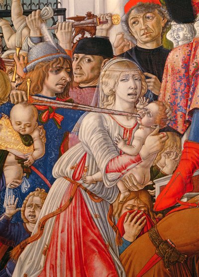 Masumların Katliamı, bir bebeği kılıcıyla delen bir askerin detayı, 106233 panel detayında 1482 tempera by Matteo di Giovanni di Bartolo
