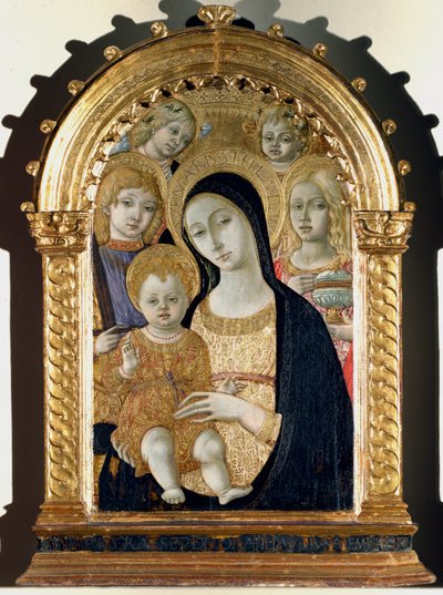 İsa çocuğu ile Bakire, Aziz Mikail, Mecdelli Meryem (Ahşap üzerine resim by Matteo di Giovanni di Bartolo