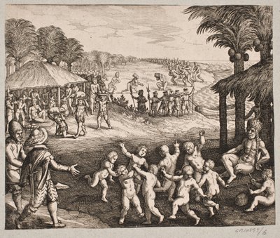 Yemek servisi yapan, içecek hazırlayan vahşiler ve kral için yaptıkları danslar hakkında by Matthäus Merian d.Æ.