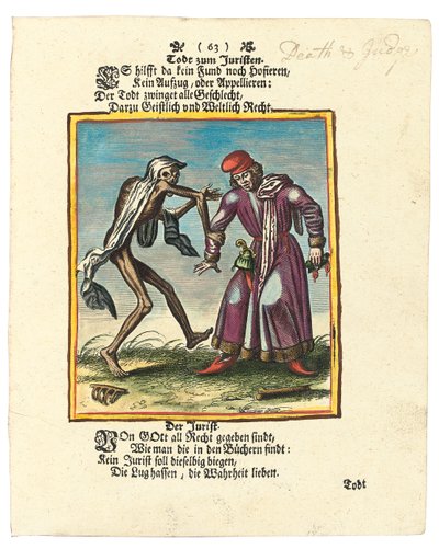 Ölüm ve Avukat, c.1700-1725 (el boyaması gravür) by Matthaus the Elder Merian