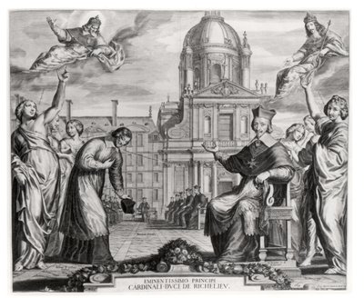 Robert de Sorbon (1201-94) ve Kardinal Richelieu (1575-1642), Sorbonne Önünde, Gregoire Huret (1606-70) 1639 tarafından oyulmuş by Matthaus the Elder Merian