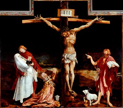 Issenheim sunağı (veya Isenheim): çarmıha gerilmeyi temsil eden orta panel - Haç üzerinde “” INRI”” yazısı - Mathis Neithardt Gothardt dit Matthias Grunewald (yaklaşık 1480-1528) 1512-1516 Dim 269x307 cm Colmar, Musee Unterlinden by Matthias (c.1480 1528) Grunewald