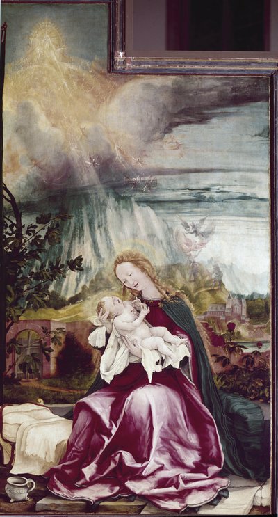 Nativite alegorisi. Issenheim Altarpiece (veya Isenheim) - Matthias Grunewald (yaklaşık 1475-1528), ahşap üzerine yağlı boya tablo by Matthias (c.1480 1528) Grunewald