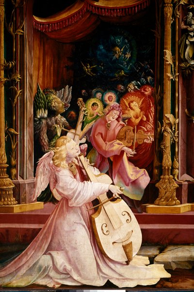Issenheim (veya Isenheim) Altarpiece: “” La Nativite”” Angels müzisyenlerinin konserinden detay. Ortadaki melek gamba viyola çalıyor. Mathis Neithardt tarafından yapılan paneller Gothardt ve Matthias Grunewald (1480-1528) (ec.all.) 1512-1516 Dim. 265x304 c by Matthias (c.1480 1528) Grunewald