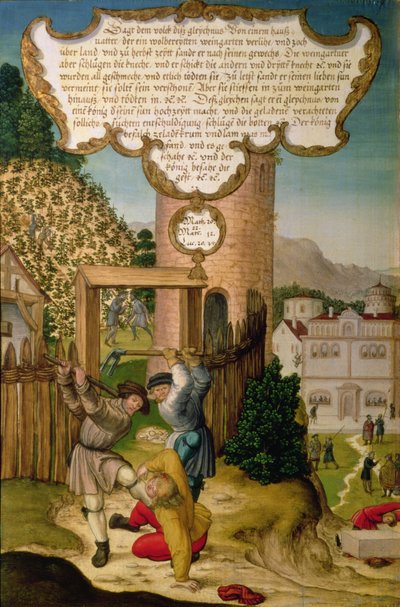 Bağ sahibinin varisini öldüren bağcılar, Mesih'in 'İnşaatçıların reddettiği taş köşenin baş taşıdır' öğretisini örnekliyor, Mompelgarter Altarpiece'den (panel) kanat panelinin bir bölümü (ayrıca bkz. 72465-79) by Matthias Gerung or Gerou