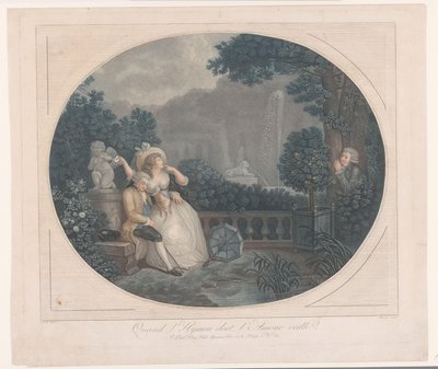Uyuyan bir adam ve gözetleyen bir adamla bahçe Quand l'Hymen dort, l'Amour veille (nesnedeki başlık) by Mauclerc