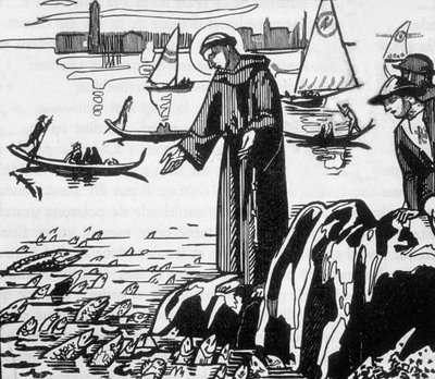 Maurice Denis tarafından çizildikten sonra Jacques Beltrand tarafından oyulmuş, Rimini'de balıklara vaaz veren Assisi'li St Francis by Maurice (after) Denis