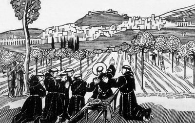 Maurice Denis'in çiziminden sonra Jacques Beltrand tarafından oyulmuş Assisi kasabasını kutsayan Assisi'li St Francis'in ölümü by Maurice (after) Denis