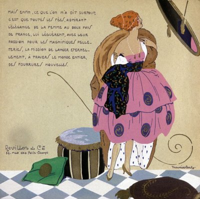 Aynasının önündeki kadın, Revillon kürk reklamı, c. 1920-1930 (resim) by Maurice Berty