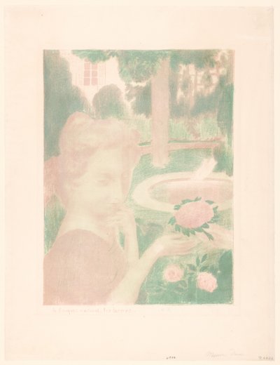 Genç kadın bir bahçede çiçek buketi alır. Le buket matinal, les larmes... (nesne üzerindeki başlık) Aşkın temsilleri (dizi adı) Amour (dizi adı) by Maurice Denis