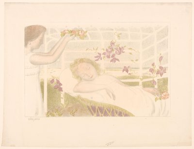 Uyuyan kız çiçek çelenk alır Alegori (nesne üzerindeki başlık) Aşkın temsilleri (dizi adı) Amour (dizi adı) by Maurice Denis