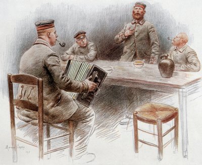 Dinan'daki mahkum kampında akordeon çalan ve şarkı söyleyen mahkumlar by Maurice Henri Orange