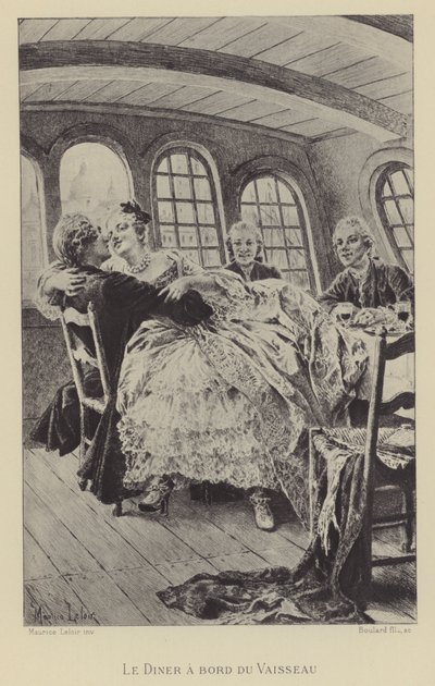 Gemide akşam yemeği (gravür) by Maurice Leloir