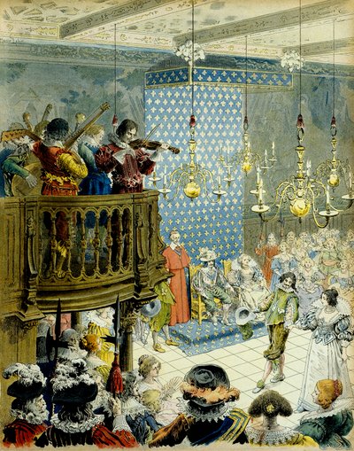 Fransa Tarihi: Kral Louis XIII (1601-1643) ile Kraliçe Marie de Medicis (1575-1642) ve Kardinal Richelieu (Armand Jean du Plessis) sarayında bir balo by Maurice Leloir