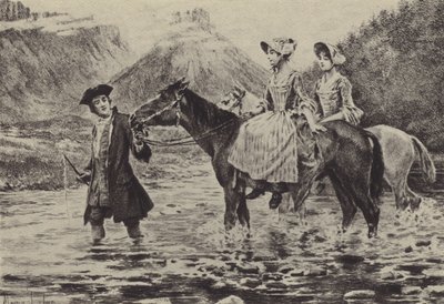 Jean-Jacques Rousseau iki genç kadının bir dereyi geçmesine yardım ediyor (gravür) by Maurice Leloir