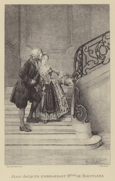 Jean-Jacques Rousseau, Madame de Boufflers'ı öperken (gravür) by Maurice Leloir