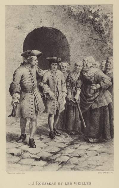 Jean-Jacques Rousseau yaşlı kadınlarla (gravür) by Maurice Leloir