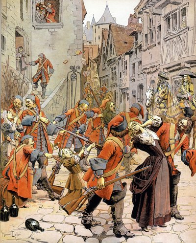 Les Dragonnades (1681-1685): Protestan bir ailenin Protestanları dönüştürmekle görevli ejderha birlikleri tarafından dağıtılması. Gustave Toutwelve
