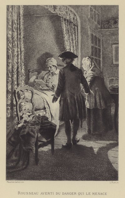 Rousseau kendisini tehdit eden tehlikeye karşı uyardı (gravür) by Maurice Leloir