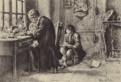 Babası çalışırken okuyan genç Jean-Jacques Rousseau (gravür) by Maurice Leloir