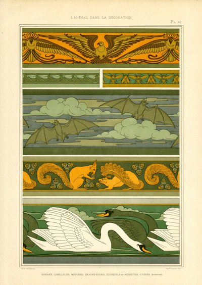 Kartallar, Yarasalar, Sincaplar ve Kuğular ile Hayvan Bordürleri (taş baskı) by Maurice Pillard Verneuil