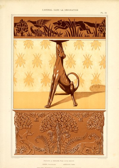Art Nouveau Hayvan Motifleri: Köpek, Sülün ve Arılar (taş baskı) by Maurice Pillard Verneuil