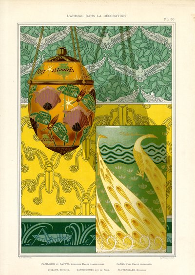 Tavus Kuşu, Kelebekler ve Güvercinlerle Art Nouveau Dekoratif Objeler (taş baskı) by Maurice Pillard Verneuil