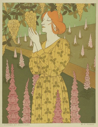 Cytises ve Digitales - Wisteria ve Foxgloves ile Kadın (renkli taş) by Maurice Pillard Verneuil