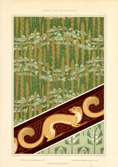 Balık, ermin ve vadi zambağı ile dekoratif Art Nouveau desenleri (lito) by Maurice Pillard Verneuil