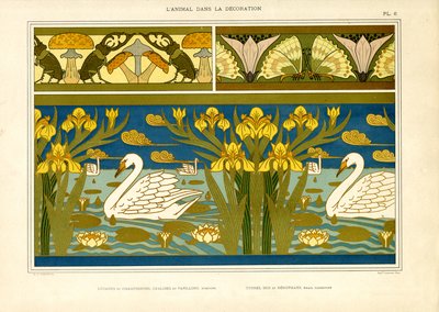 Kuğular, Böcekler ve İris ile Dekoratif Bordürler (taş baskı) by Maurice Pillard Verneuil