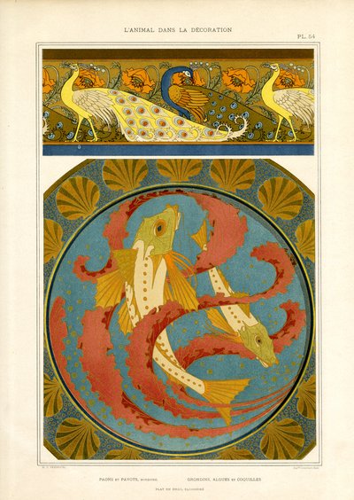 Kloisonne Tarzında Dekoratif Balık ve Tavus Kuşu Bordürü (taş baskı) by Maurice Pillard Verneuil