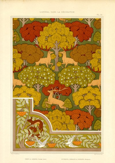 Geyik ve Ağaçlarla Dekoratif Orman Deseni (lito) by Maurice Pillard Verneuil