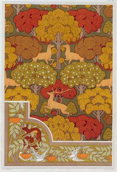 Duvar kağıdı ve duvar kağıdı kenarlığı için tasarımlar Ağaçlarda Geyik, pub. 1897. by Maurice Pillard Verneuil