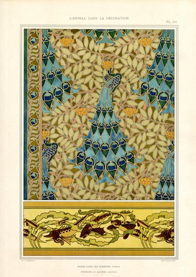 Art Nouveau Süslemesinde Tavus Kuşları ve Balıklar (lito) by Maurice Pillard Verneuil