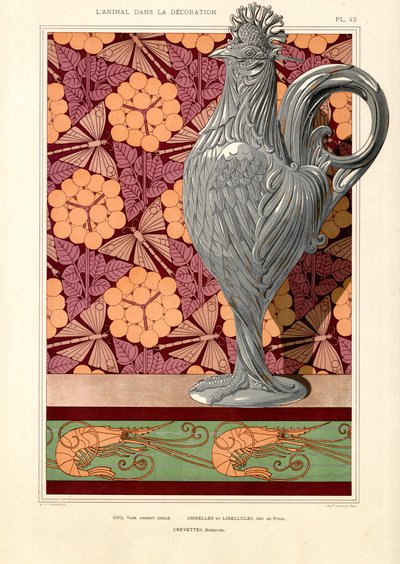 Horoz Şeklinde, Şemsiye Çiçekli ve Karides Desenli Vazo (taş baskı) by Maurice Pillard Verneuil