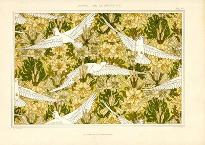 Beyaz Güvercinli ve Zambaklı Tekstil Deseni (taş baskı) by Maurice Pillard Verneuil