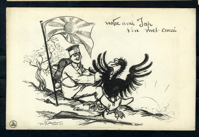 Kartpostal, Siyah Beyaz Hiciv: Japon arkadaşımız artık değil - 14-18 Savaşı, Almanya Prusya, Japonya by Maurice Radiguet