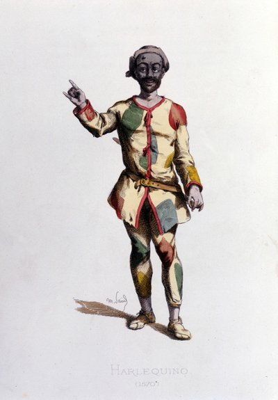 1570 yılında Harlequin. Maurice Sand “” Maskeler ve Soytarılar”” Paris 19. yüzyıl. (Maurice Sand, George Sand