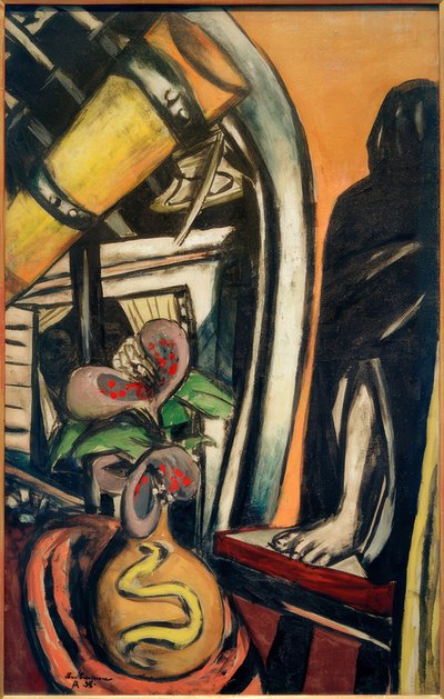 Atölye (gece). Bir teleskop ve örtülü bir figür ile natürmort by Max Beckmann