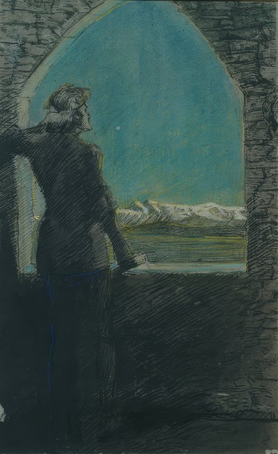Eski bir duvardan mesafeye bakan genç adam, çelenk by Max Beckmann