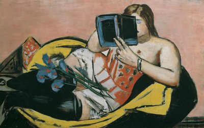 Bir kitap ve süsen ile yatan kadın by Max Beckmann