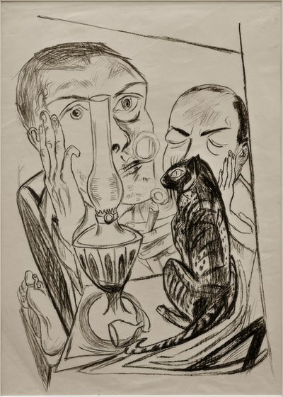 Kedi ve lambalı otoportre by Max Beckmann