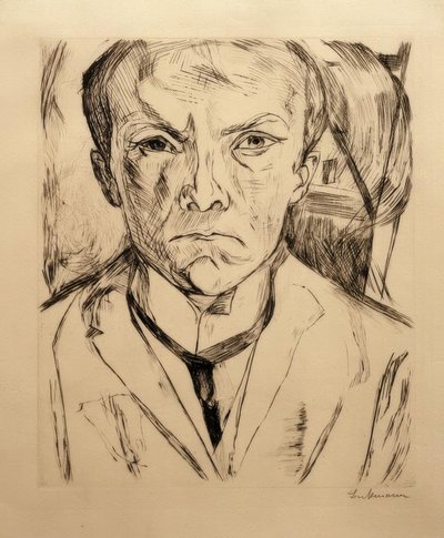 Önden otoportre, arka planda ev üçgeni by Max Beckmann