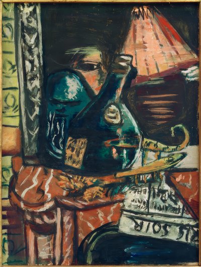 Eğik bir likör şişesi ve Buda ile natürmort by Max Beckmann
